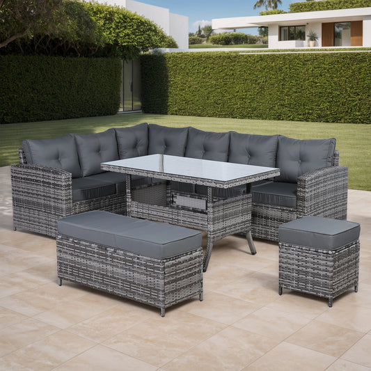 Charing Right Hand Corner Sofa Set with Dining Table in Beige Grey Rattan