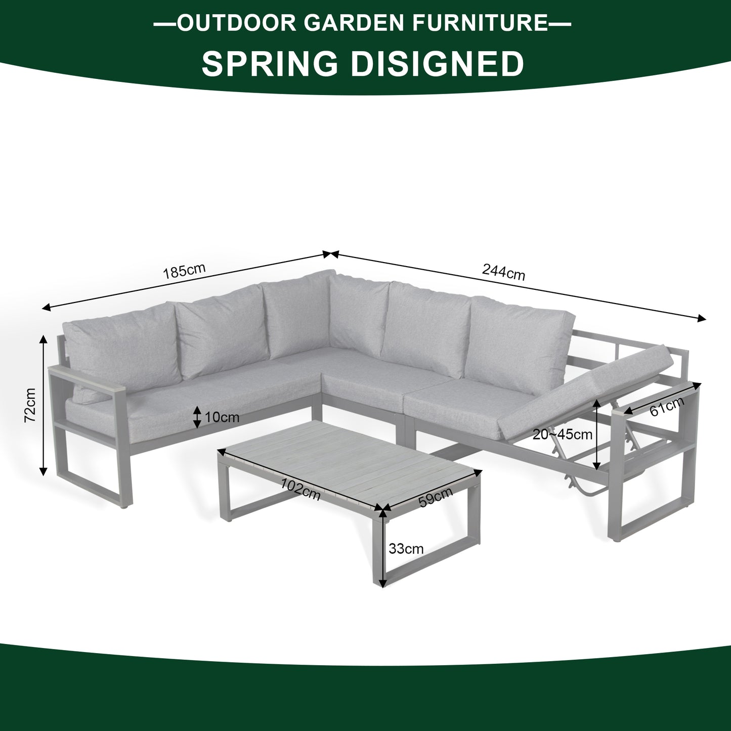 CK-02 Dune Range LHF Corner Set Charcoal Aluminium Frame With Grey Cushions