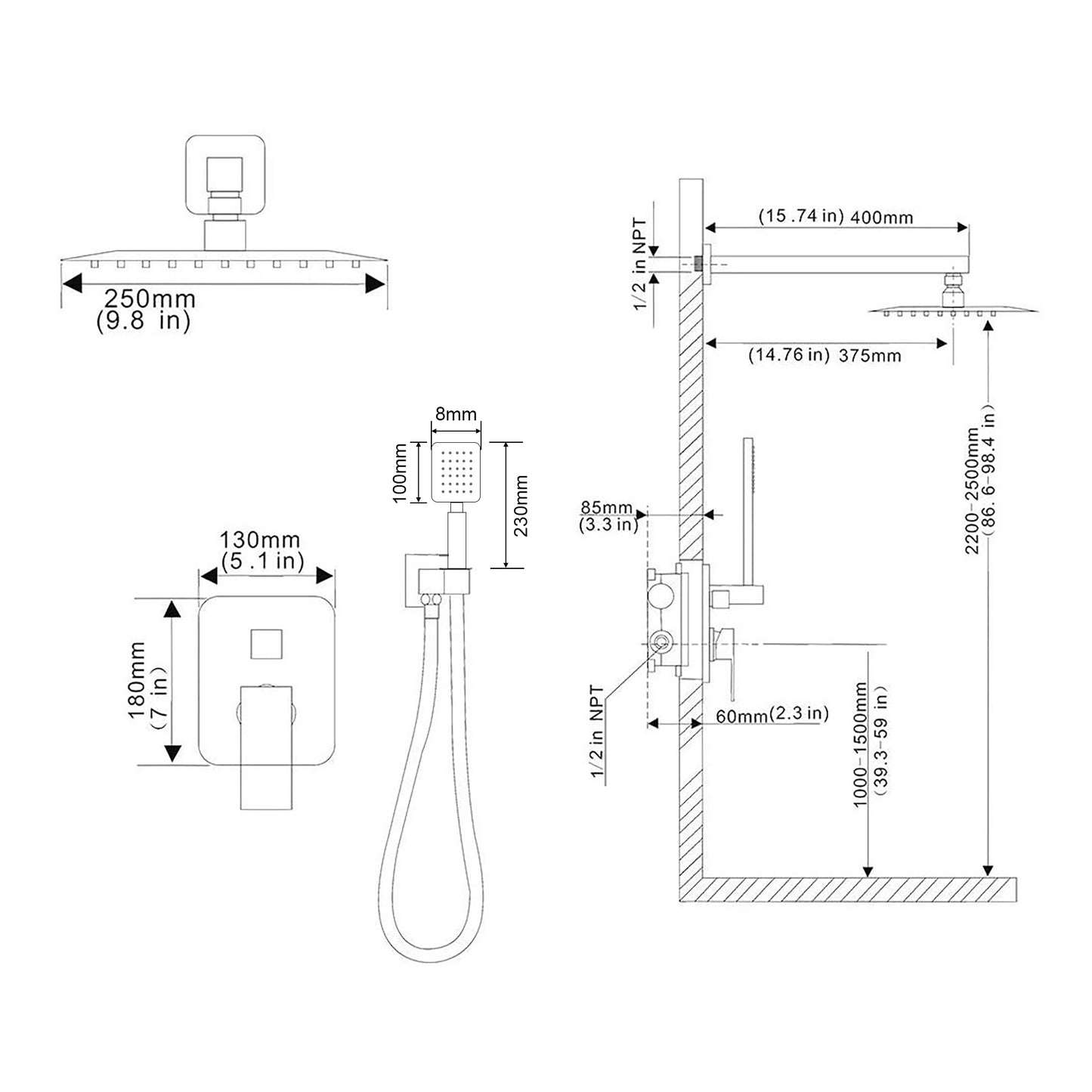 Concealed Chrome Shower Valve, Fixed Shower Head & Handset