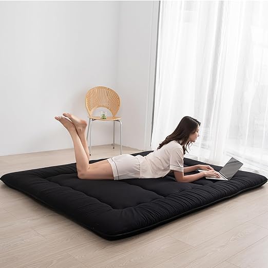 Floor Mattress for Adults-Black-Thicken Tatami Mat Sleeping Pad Foldable Roll Up Mattress Dormitory Mattress Pad Floor Lounger Pillow Bed