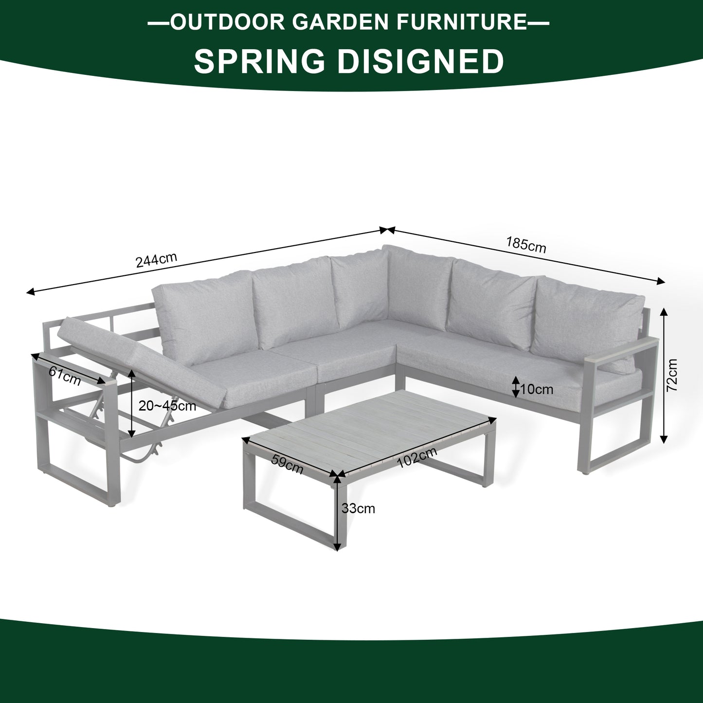 CK-03 Dune Range RHF Corner Set Charcoal Aluminium Frame With Grey Cushions