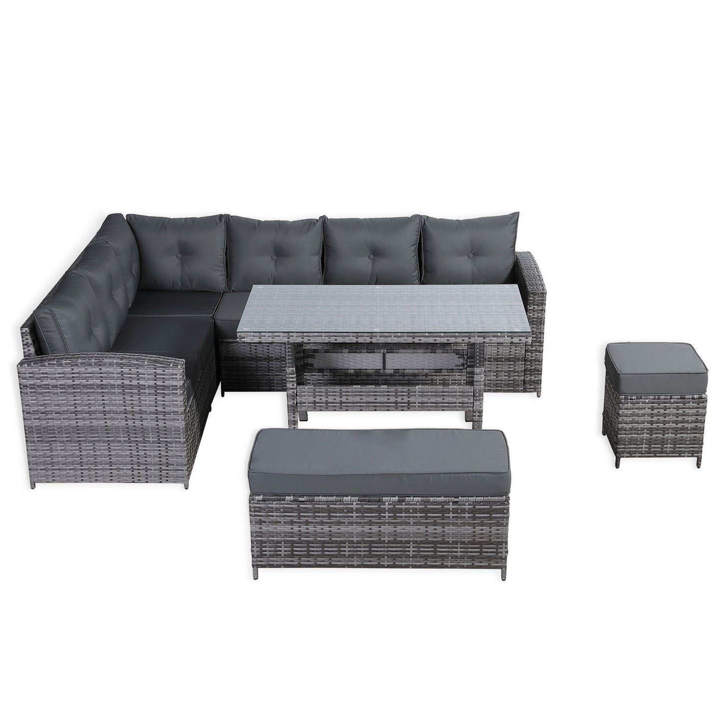 Charing Right Hand Corner Sofa Set with Dining Table in Beige Grey Rattan