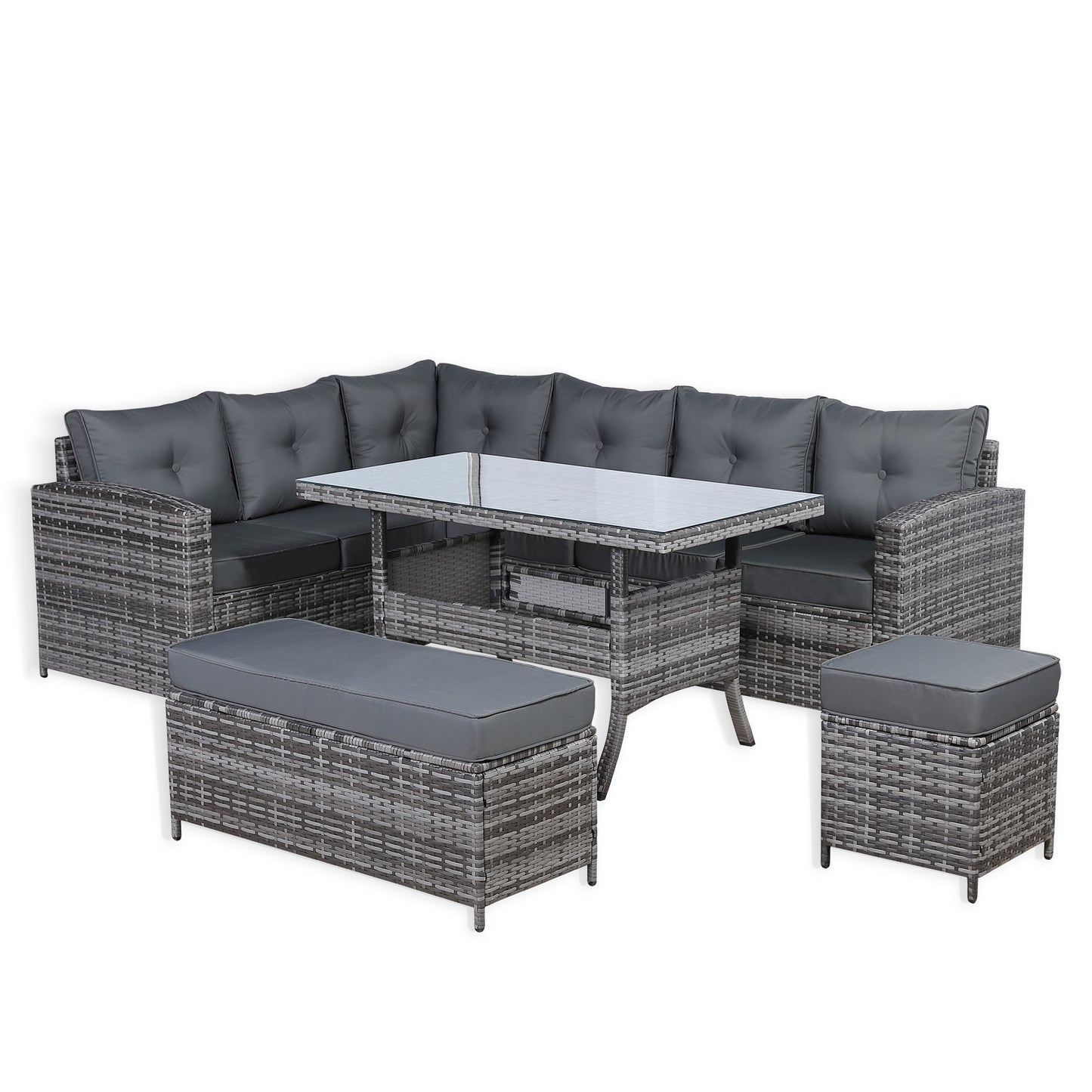 Charing Right Hand Corner Sofa Set with Dining Table in Beige Grey Rattan