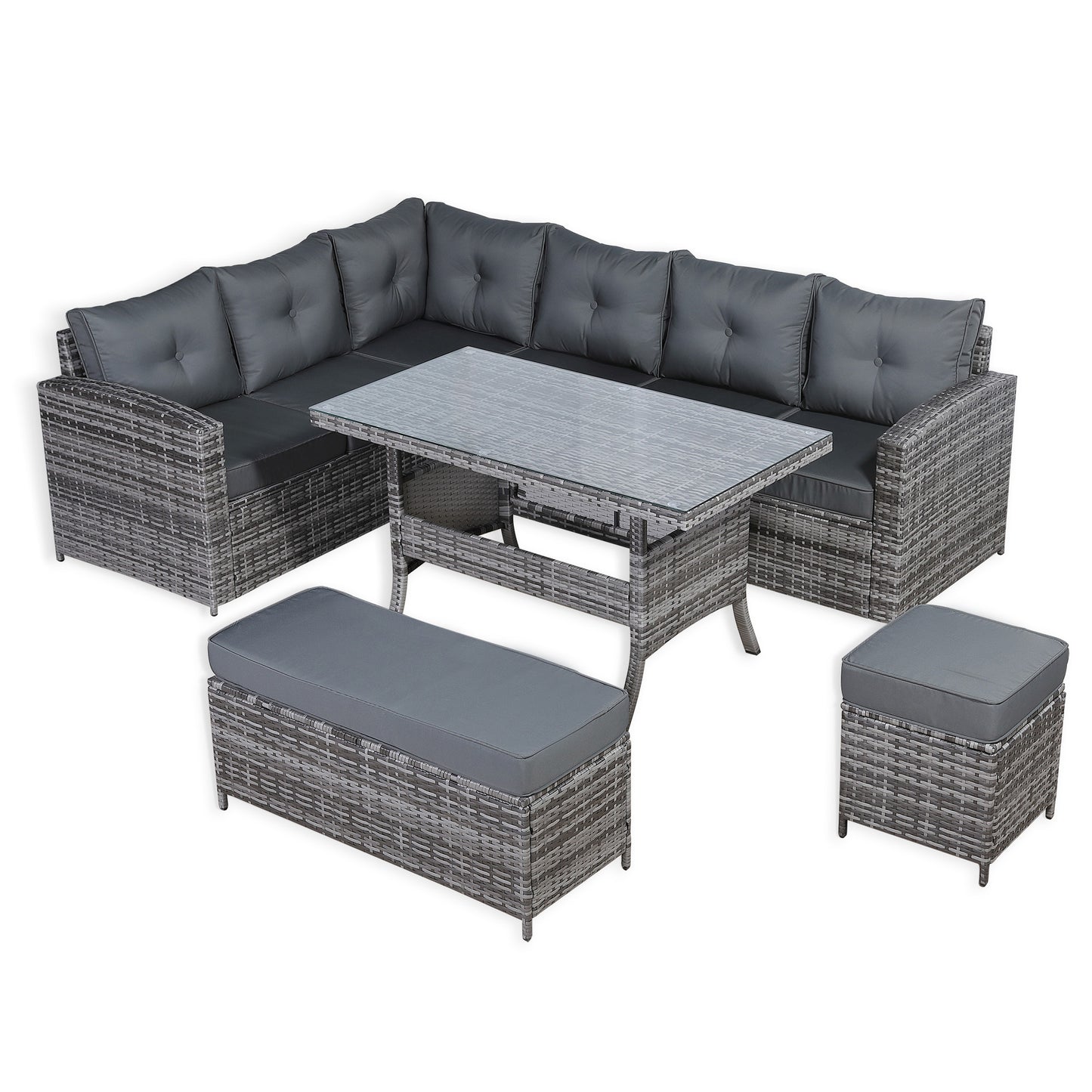 Charing Right Hand Corner Sofa Set with Dining Table in Beige Grey Rattan