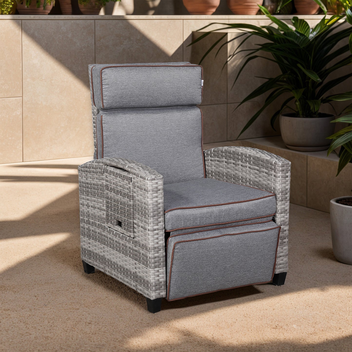 Ashley Range Reclining Armchair with Flip Table in Light Grey Weave and Grey Cushions