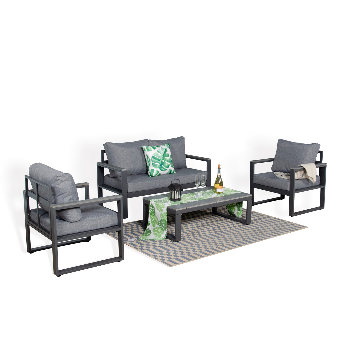 CK-04 Dune Range Large Sofa Set Charcoal Aluminium Frame With Grey Cushions